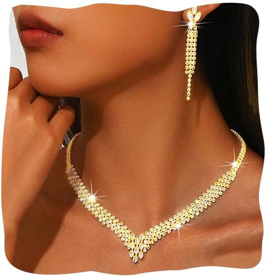 Sixexey Rhinestone Wedding Jewelry Set Prom Necklace Earrings Bridal Jewelry Accessories for Women