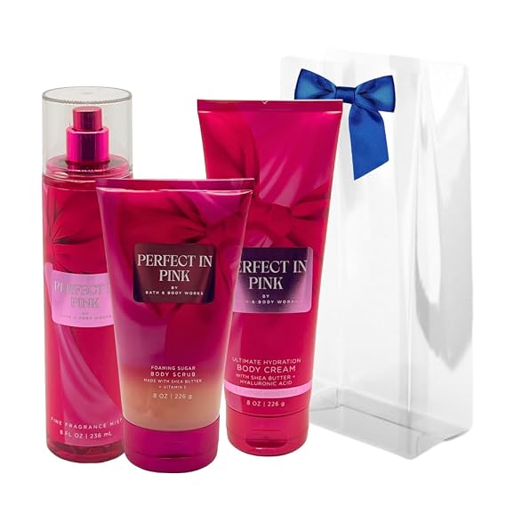 Bath & Body Works PERFECT IN PINK Fine Fragrance Mist, Ultimate Hydration Body Cream & Foaming Sugar Body Scrub 3-piece Gift Set with a Blue Bow for Holidays Full Size
