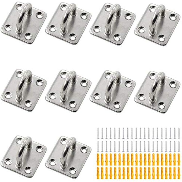 10Pcs M6 Heavy Duty Pad Eye Plate Staple Ring Hook Loop U-Shaped Sail Shade Hardware, 304 Stainless Steel Wall Ceiling Hammock Hooks Hange Rectangle