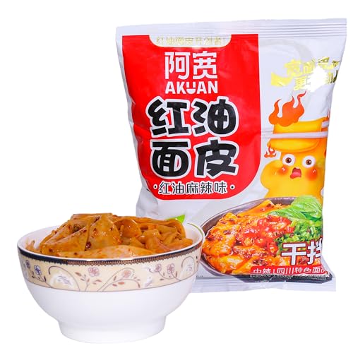 Asian Red Oil Spicy Noodle, Akuan Sichuan Chili Oil Wide Noodles, Chinese chewy Instant Ramen Noodles, Non-Fried Flat Noodles Snacks ,4.05oz per Bag, Pack of 4,Spicy Red Oil