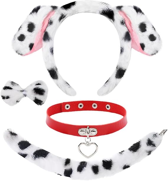 Dalmatian Costume Adult Set Dog Costume Accessories Animal Puppy Ears Nose Headband Tail for Women Halloween Party Dress Up Leather Collar Choker