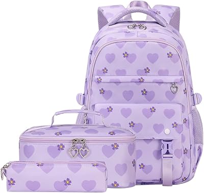 JiaYou 3Pcs Backpack Sets Girls Primary School Daypack Heart Flower Pattern Junior Middle School Laptop BackpackPurple,20 Liters