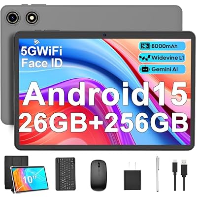 Android 15 Tablet with Keyboard - 26GB RAM  256GB ROM , 2TB Expand, 10 inch 2-in-1 Tablets with 5G2.4G WiFi, 8000mAh, BT5.0, 5MP13MP, Split Screen, Widevine L1, Mouse, Case, Stylus Black Case