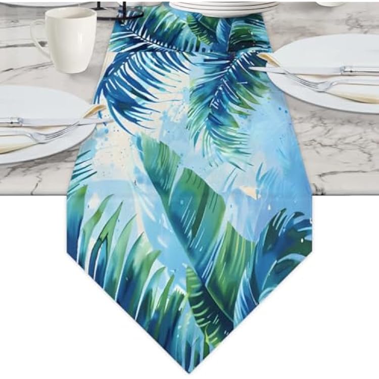 Table Runners 48 Inches Long, Linen Table Dresser Runner, Tropical Teal Leaf Palm Kitchen Dining Table Runners for Coffee Table, Parties, Dinner, Home Decor 13x48 Inch
