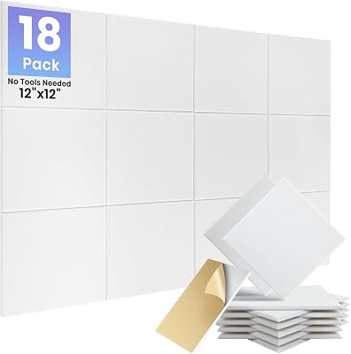 Focusound 18 Pack Sound Proof Panels for Walls, Self-Adhesive Acoustic Panels Sound Absorbing, 12 X 12 X 0.4 High Density White Square Soundproof Wall Panels