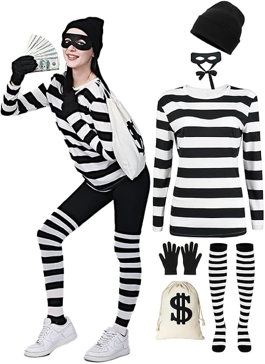 Women's Robber Costume Set Cosplay Thief Accessories for Halloween Party Black and White Striped Knit Beanie Cap