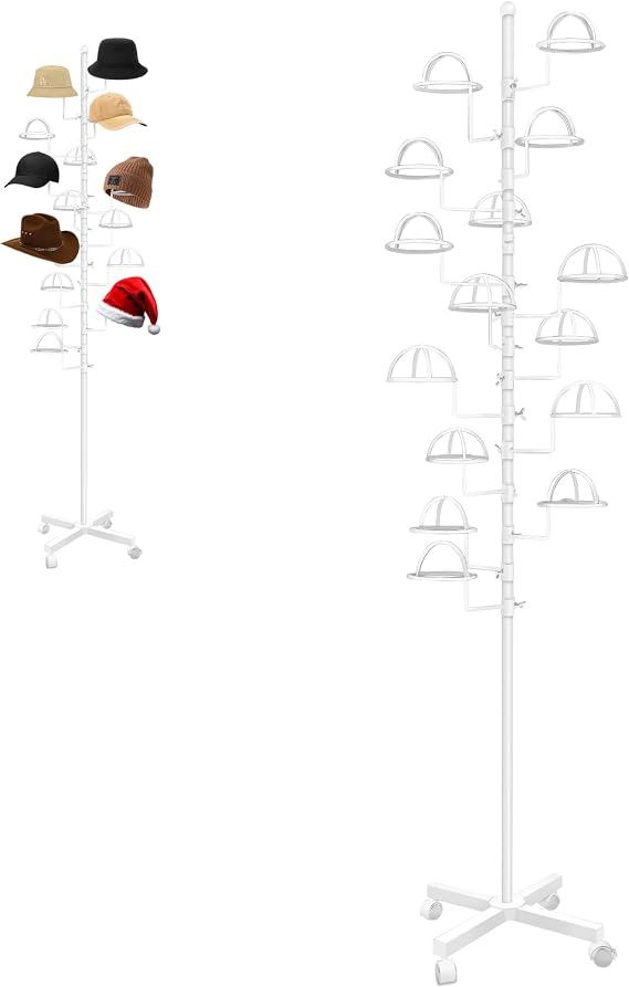 Montex Freestanding Hat Rack Stand, Wig Display Stand, Metal Hat Organizer Rack with 14 Customisable Circular Hooks, Hats Tree Stand Floor Standing Hat Display, White