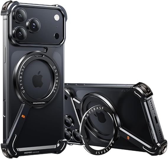 Omio for iPhone 17 Pro Max Bumper Case Compatible with MagSafe, Magnetic Kickstand Slim Aluminum Metal Frameless Borderless Minimalist Design Z Case Shockproof Stand Cover for Men, Black Titanium