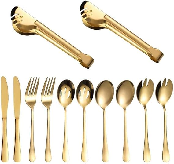 12-Piece Black Stainless Steel Serving Utensil Set,Include Cake Server, Dinner knives,Slotted Serving Spoon, Serving Spoon, Serving Forks,Soup Ladle,Serving Tongs,Salad spoons Dishwasher Safe