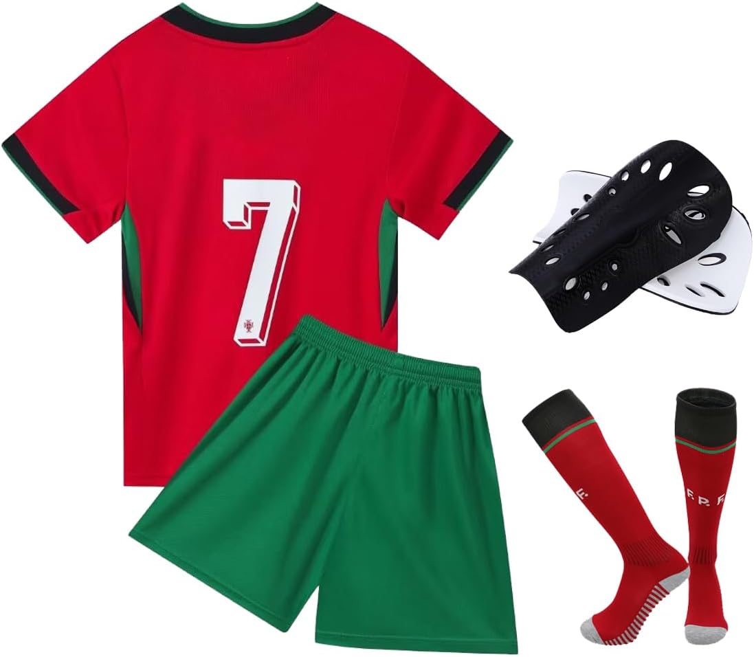 Set of 4#7 Boys Soccer Jerseys T Shirts and Shorts Stockings Set Football Training Uniforms for Kids Youth Girls Fans