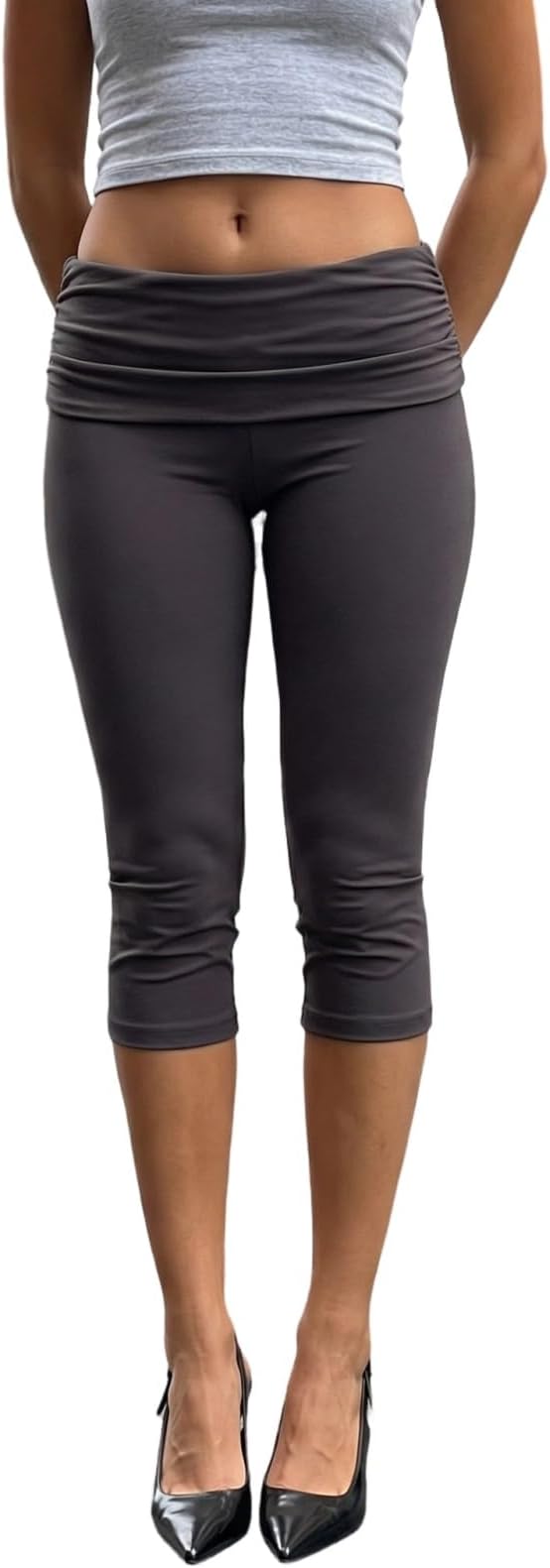 Fold Over Capri Leggings for Women Low Waist Stretch Tight Taper Leg Yoga Pants Going Out Cropped Pants Streetwear
