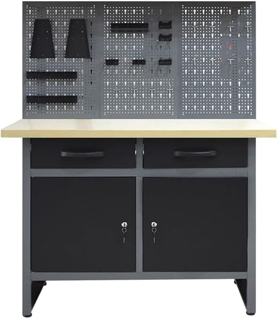 JZD Steel Workbench with Two Drawers & Two Cabinets, Includes 3 Metal Pegboards and 22 Hooks, Wooden Tabletop for Garage Workshop Basement