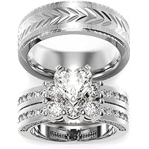 TWO RINGS Wedding Ring Sets His And Hers Promise Ring Couples Bridal Sets Women 925 Sterling Silver square Cz Man Stainless Steel Brushed Finished