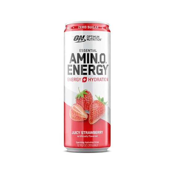Optimum Nutrition Amino Energy Sparkling Hydration Drink, Electrolytes, Caffeine, Amino Acids, BCAAs, Sugar Free, Juicy Strawberry, 12 Fl Oz, 1 count (Packaging May Vary)