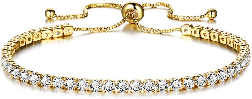 CiNily Adjustable Tennis Bracelets for Women Teen Girls Rainbow Cubic Zirconia Bracelet 14K White Gold Plated Hypoallergenic Slider Bracelet Jewelry Gift