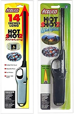 calico 2 Pack Combo Hot Shot Xtra Long and Standard Wind Resistant Lighter Safe for Camping/Grilling/Home, Adjustable Flame