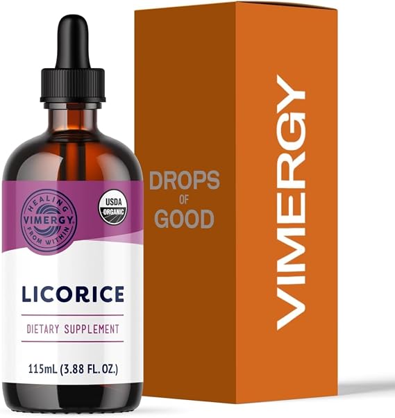 Vimergy Licorice Promotes Digestive Function* 57 2mL (50-58 Drops) Servings (200mg Extract Per Serving) Benefits Respiratory Health* USDA Organic, Vegan, Gluten-Free 115 mL