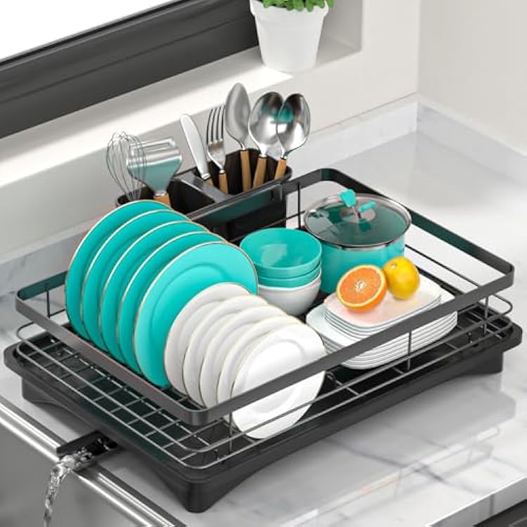 Small Dish Drying Rack for Kitchen Counter with Drainboard & Utensil Holder, Metal Dish Drainers for Kitchen with Adjustable Drain Spout, Ideal Dishes Strainers for Singles or Couples Black