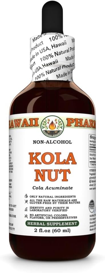Kola Nut (Cola Acuminate) Dry Whole Nut Glycerite, Made in Hawaii, All Natural, Vegan, Lab Tested Alcohol-Free Liquid Extract - 2 fl.oz