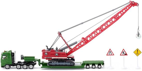 Heavy Haulage Transporter Green and Liebherr Cable Excavator Red with Wrecking Ball and Signs 1/87 (HO) Diecast Models by Siku SK1834