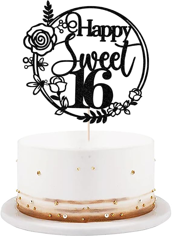 Black Glitter Happy Sweet 16 Cake Topper,Happy 16th Birthday Cake Decor