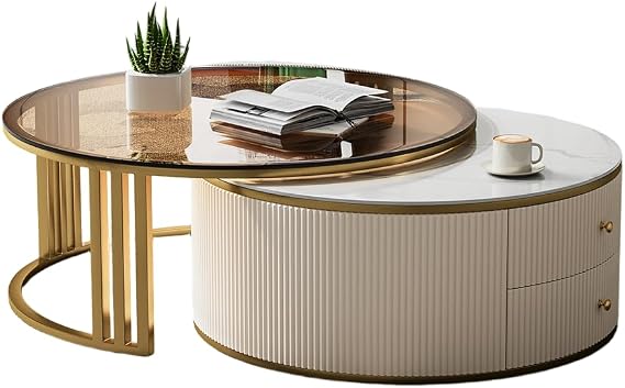 homary Round Nesting Coffee Table, Glossy Ivory, 28"-32" Rotating