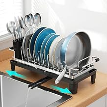 GSlife Small Dish Drying Rack for Counter or Over Sink, Stainless Steel Expandable Dish Drainer with Drain Board and 360 Swivel Drain Spout, Compact for RV, Camper, 1-2 People, Narrow 6.5" W, Silver