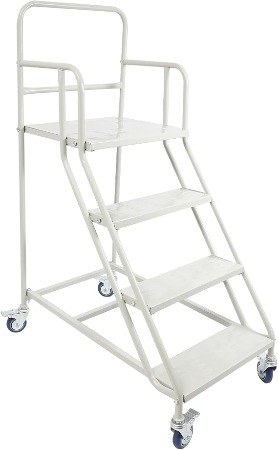 4-Step Rolling Ladder with Locking Wheels & Handrail, 400kg Heavy Duty Steel Step Stool,Industrial Warehouse Ladder for Home, Shop, Supermarket, Library