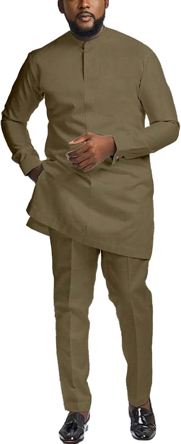 African Suits for Men Slim Fit Dashiki Long Sleeve Shirt and Pant 2 Piece Attire Traditional Outfits