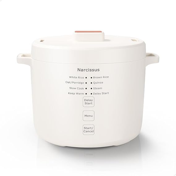 Narcissus Rice Cooker with Removable PFAS-Free Nonstick Pot, 3.5-Cup Capacity for 1-3 People, Multifunctional for Rice, Oatmeal, Quinoa, Slow Cook, Steam, Can Steam & Cook Simultaneously, Rice White