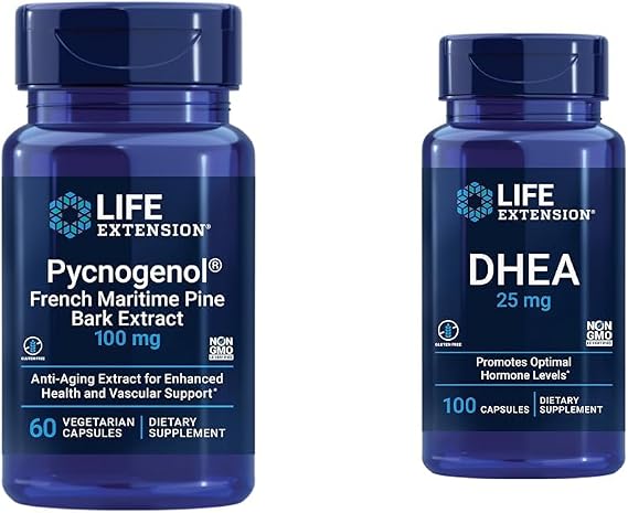 Life Extension French Maritime Pine Bark Extract with DHEA Hormone Balance - 60 Capsules Pycnogenol & 100 Capsules DHEA 25mg