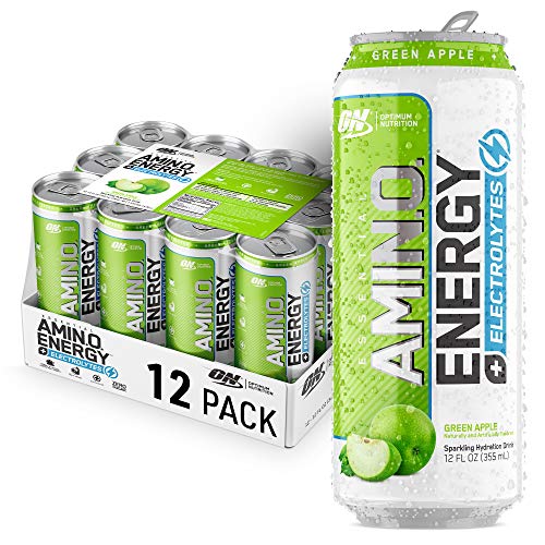 Optimum Nutrition Amino Energy Sparkling Hydration Drink, Electrolytes, Caffeine, Amino Acids, BCAAs, Sugar Free, Green Apple, 12 Fl Oz, 12 Pack Packaging May Vary