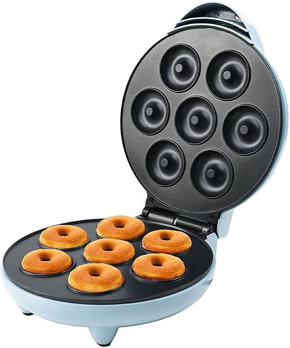 Mini donut maker, 1200w donut maker, can make 7 donuts, double-sided heating, non-stick pan, suitable for family gatherings, dessert making for couples, dessert shop (Sky blue)