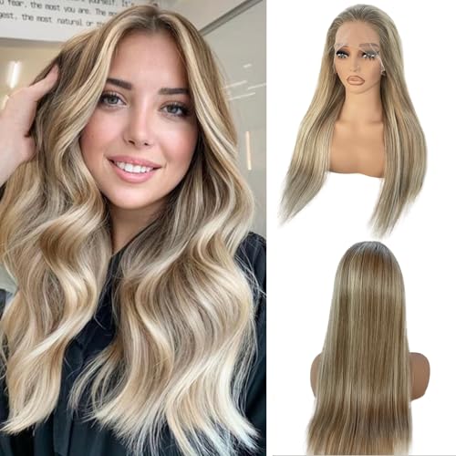 Highlight Wear and Go Glueless Human Hair Wigs, 180% Density Ombre 13x4 HD Lace Front Wigs Human Hair Pre Plucked Brown Balayage Platinum Blonde #60 Lace Frontal Wigs for Women 22 Bleached Knots