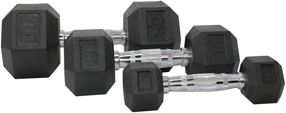 Apollo Athletics 1-Piece Rubber Coated Solid Cast Iron Dumbbell with Contoured Chrome Handle, Hexagon Head,