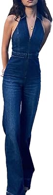 iticat Womens Sleeveless Denim Romper Summer Casual Retro One Piece V-Neck Dressy Flare Pants Jean Overall Jumpsuit