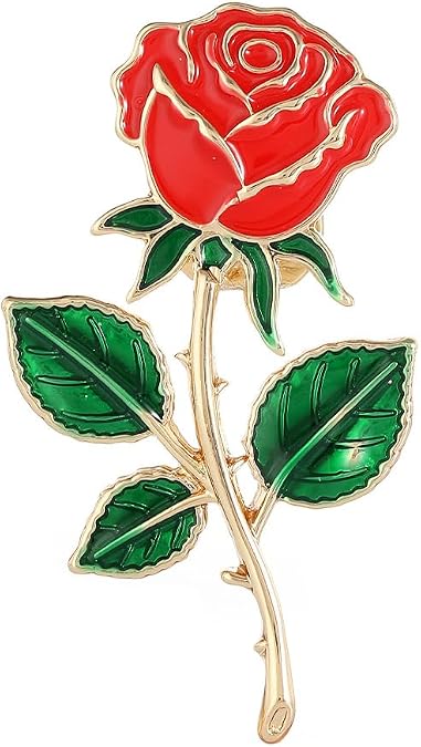 Red Rose Flower Brooch Pin for Women Girls Men Red Green Enamel 14k Gold Plated Cute Floral Lapel Pins Dress Accessories Boutonniere Corsage for Hat Bag Suit Tie Jewelry for Wedding Anniversary