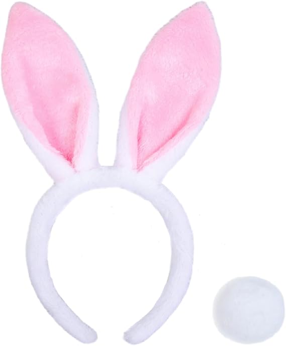 Huachi Bunny Ears Headband and Tail White Bunny Ears Cute Plush Pink Rabbit Ears Headband, Halloween Bunny Costume Adult