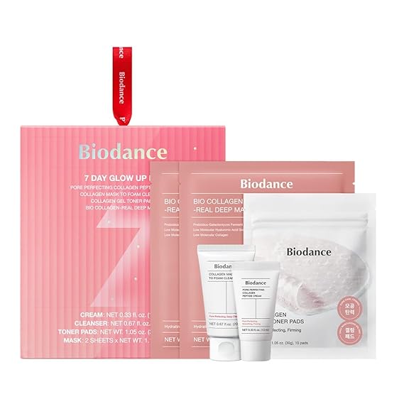 BIODANCE 7 Day Glow Up Kit: Collagen Gift Set for Glass-Skin, Korean Skin Care with Cleanser, Toner Pads, Moisturizer, Gel Masks, All-in-One Skin Care Set, Mothers Day Gifts