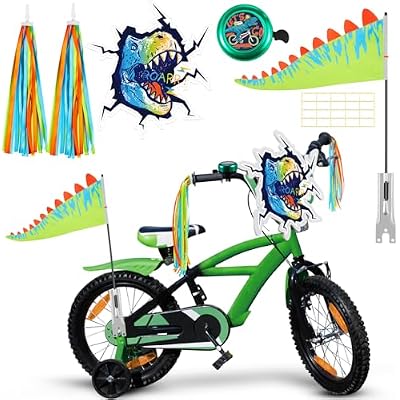 6 Pcs Dinosaur Bike Accessories for Kids Includes Bicycle Handlebar Streamers Cartoon Bike Bell Foam Board and Bike Safety Flag with Pole Double Sided Tape Gift for Dinosaur Party