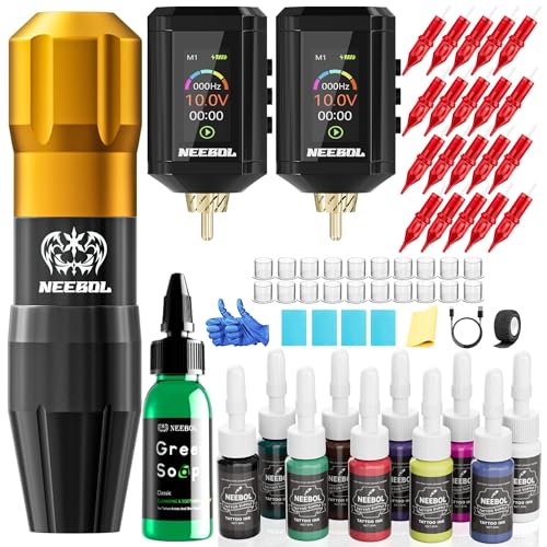 Neebol Wireless Tattoo Kit - Complete Set with 2 Color-Display Power Supplies, 20 Needles, 10 Inks - Professional Tattoo Machine for Beginners Gold