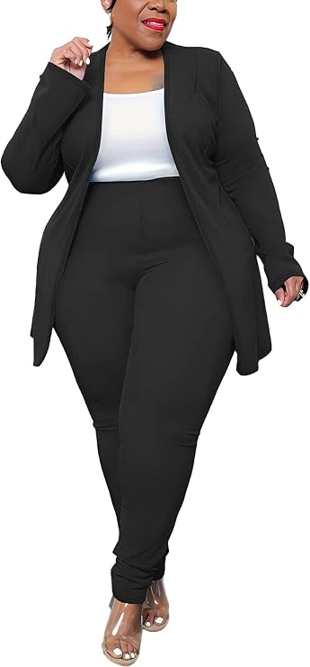 Women's Plus Size 2 Piece Outfits Open Front Blazer and High Waisted Long Pant Suit Set Business Loungewear