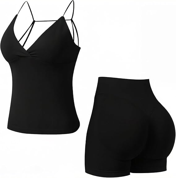 Workout Sets for Women 2 Piece Longline Strappy Crisscross Sports Bras Hidden Scrunch Shorts Yoga Outfits Gym Tracksuits