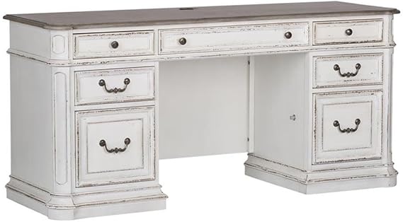 Liberty Furniture Magnolia Manor Jr Executive Desk with Keyboard Tray, Locking File Drawers European Traditional Home Office - Antique White & Weathered Bark Oak Wood