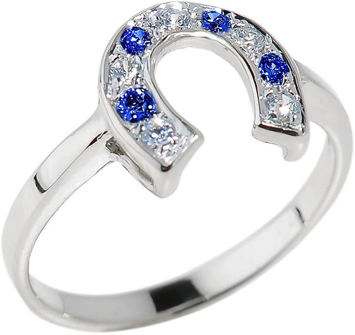 Fine 925 Sterling Silver Blue and White CZ Lucky Horseshoe Ring