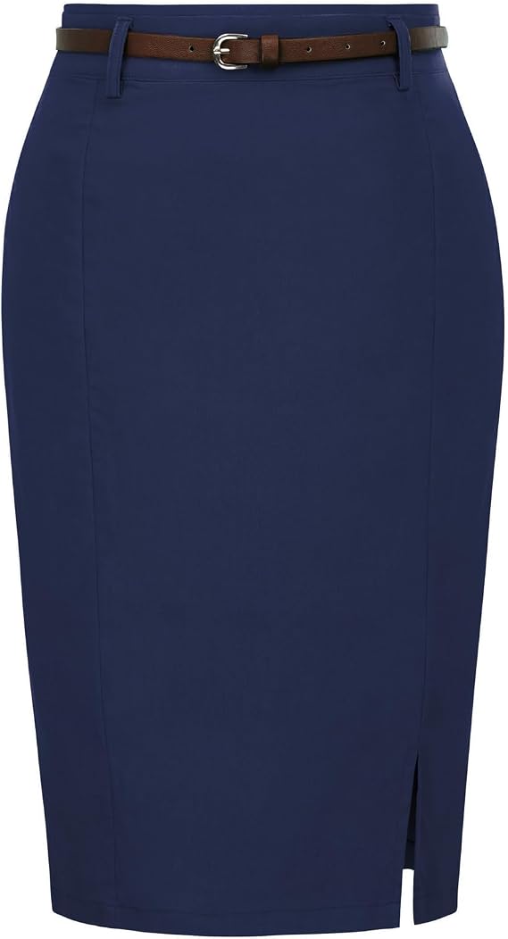 Kate Kasin Women Pencil High Waist Knee Length Bodycon Skirt with Belt | Elastic, Hidden Zipper, Side Slit, Elegant Skirts, Business Casual Work Outfits