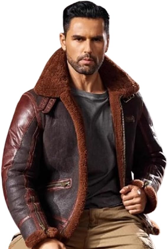 Denny&Dora Men's Shearling Jacket Air Force B3 Leather Jacket Thickened Genuine Leather Jacket Motorcycle Coat