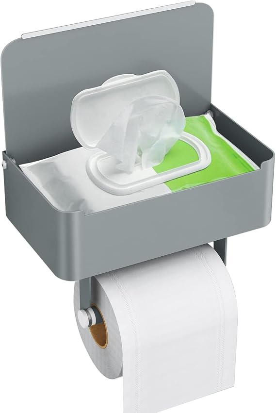 Gypie Toilet Paper Holder with Wet Wipes Box, Matte Grey, Toilet Paper Holder with Shelf, Rustproof 304 Stainless Steel Toilet Roll Holder for Drilling for Bathroom, 3-in-1 Multifunction