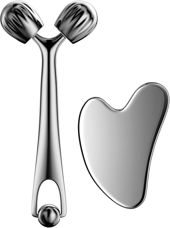 DANGSHAN Gua Sha Facial Tools & Face Roller Set, Face Massager, Lymphatic Drainage Massager, Face Sculpting Tool, Ice Roller for Face (Silver)