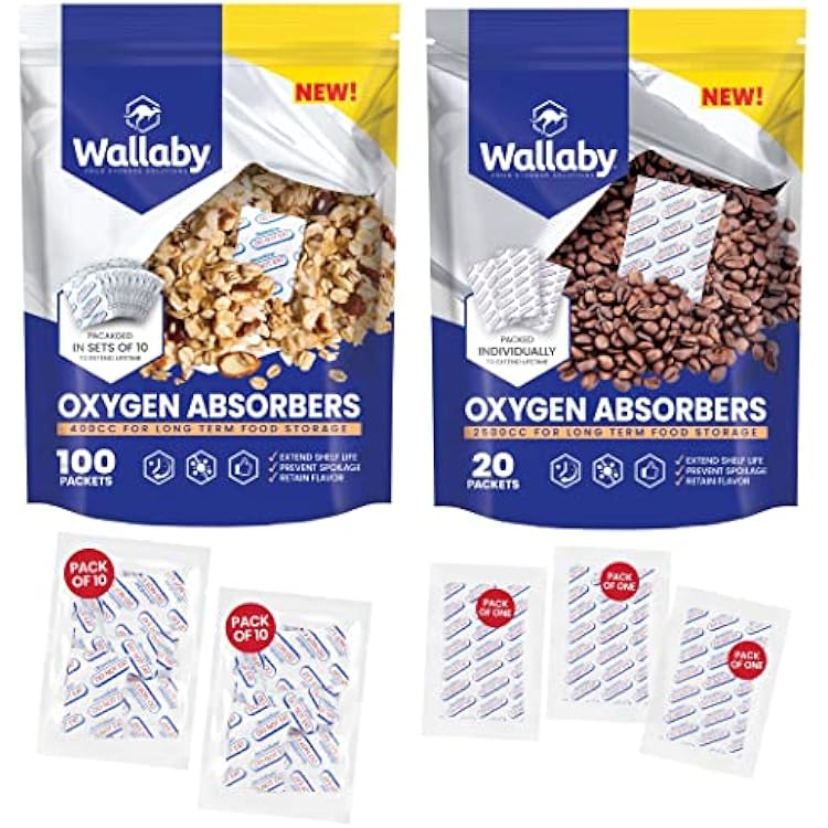 Wallaby 400cc Oxygen Absorbers - 100 Count 10x Packs of 10  2500cc Oxygen Absorbers - 20 Count Individually Sealed - for Long Term Food Storage & Survival